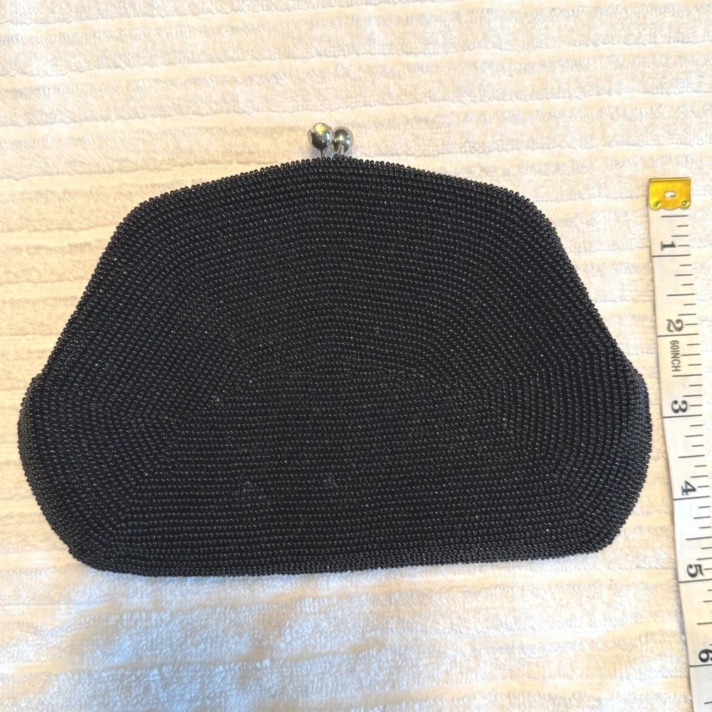 Vintage‎ Made in Japan Black Beaded Evening Purse Rhinestone Clasp Chain Handle